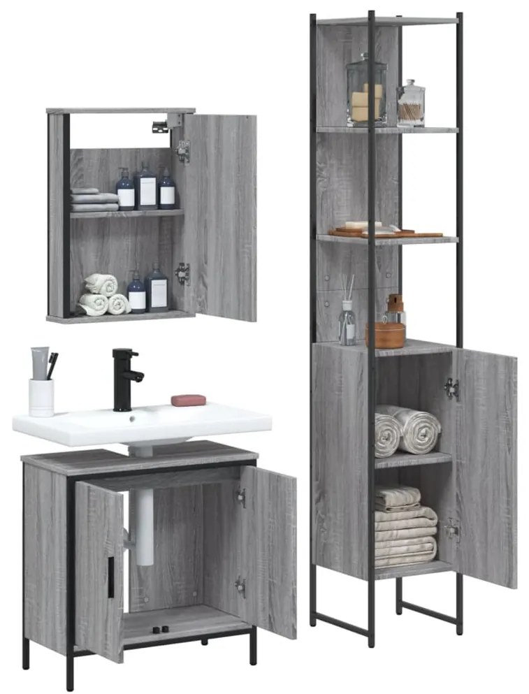 Set mobili da bagno 3 pz grigio sonoma in legno multistrato