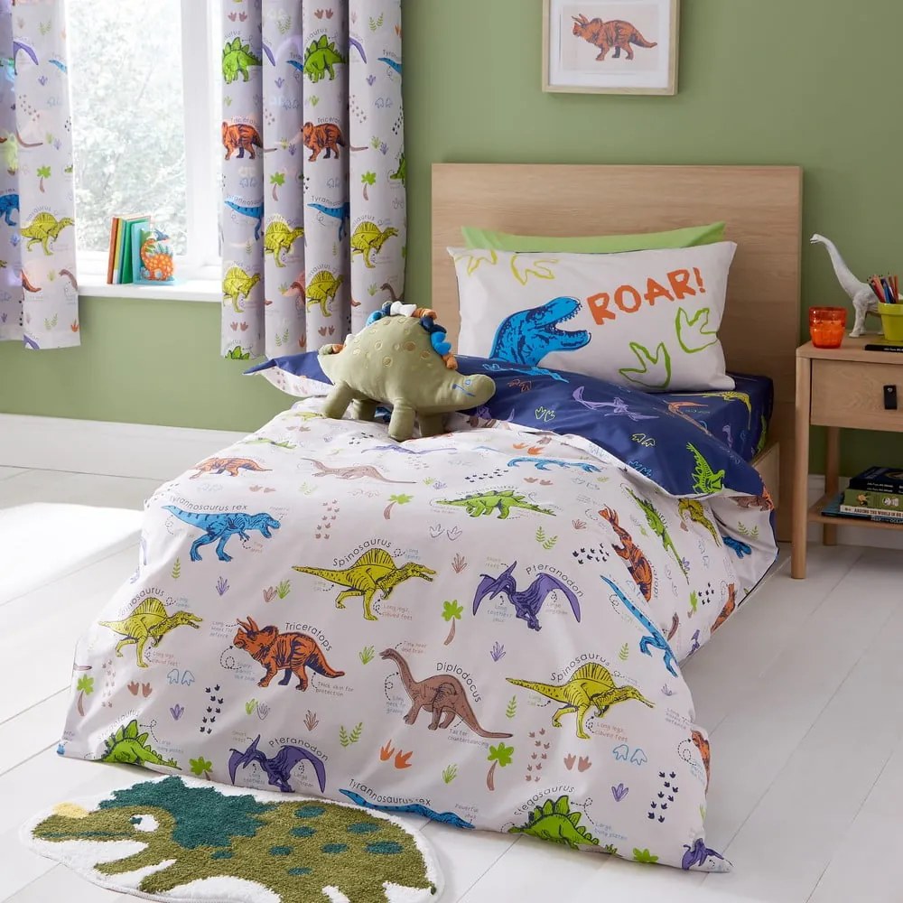 Set copripiumino e federa da bambini blu e beige per letto matrimoniale 200x200 cm Prehistoric Dinosaurs – Catherine Lansfield