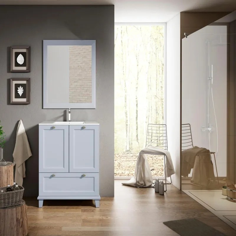 Mobile bagno da terra con lavabo L 60 x H 84 x P 45 cm celeste, 2 ante per vasca centrale Unike