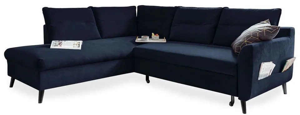 Divano letto angolare in velluto blu scuro L, angolo sinistro Stylish Stan - Miuform