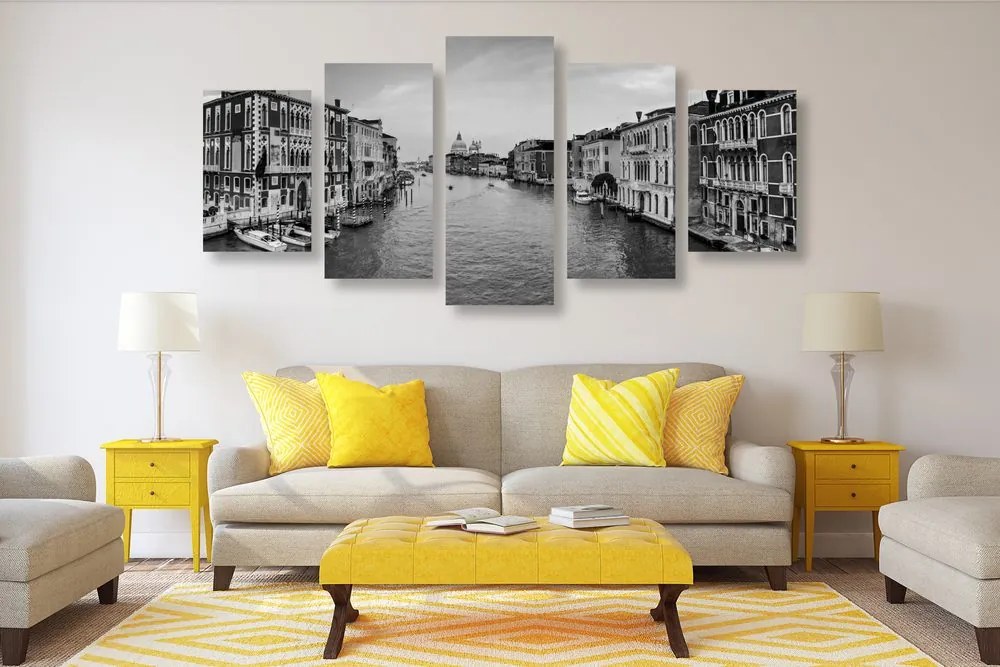 Quadri 5 pezzi – Canale famoso a Venezia in bianco e nero
