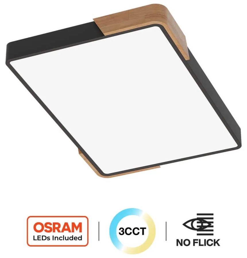 Plafoniera LED Rettangolare 30W CCT, 60x40cm, Legno/Nero - OSRAM LED Colore Bianco Variabile CCT