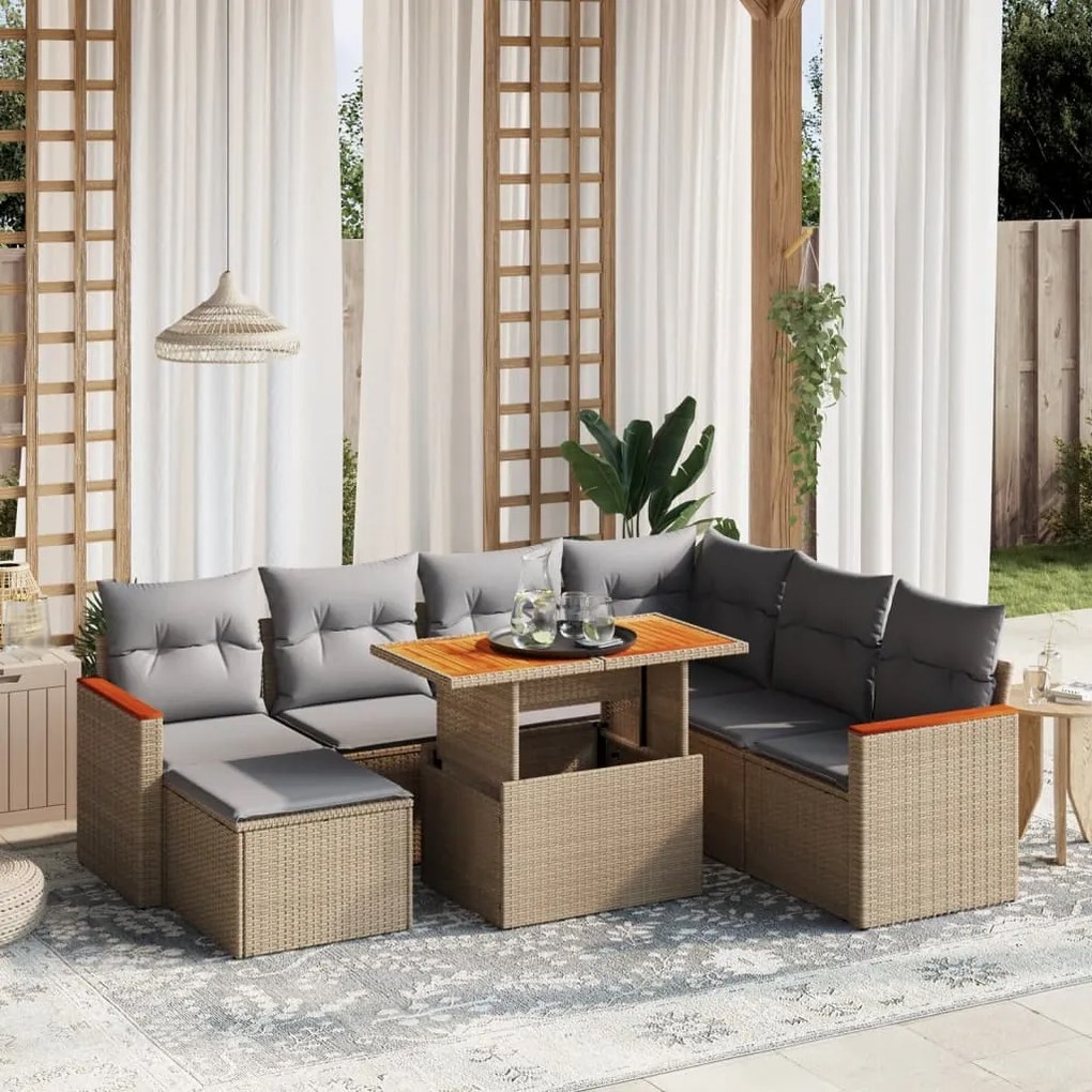 Set divano da giardino 8 pz con cuscini beige in polyrattan