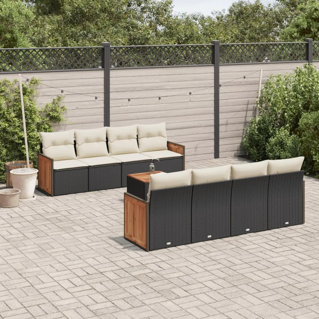 Set divani da giardino 9 pz con cuscini nero in polyrattan