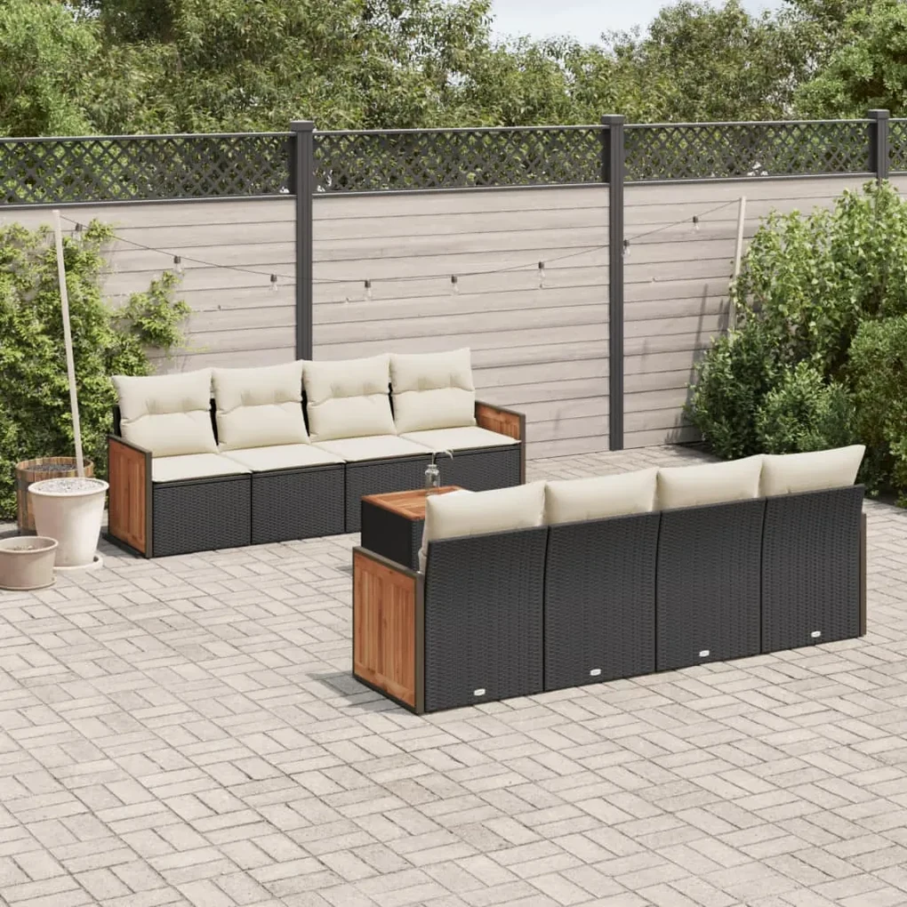 Set divani da giardino 9 pz con cuscini nero in polyrattan