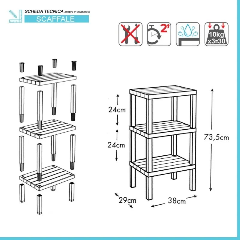 Scaffale bagno 3 ripiani grigio effetto legno in kit montaggio Buzz
