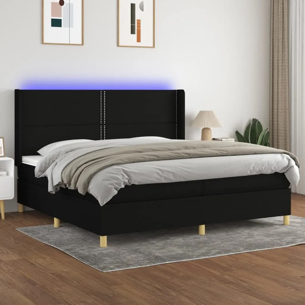 Letto a Molle Materasso e LED Nero 200x200cm in Tessuto