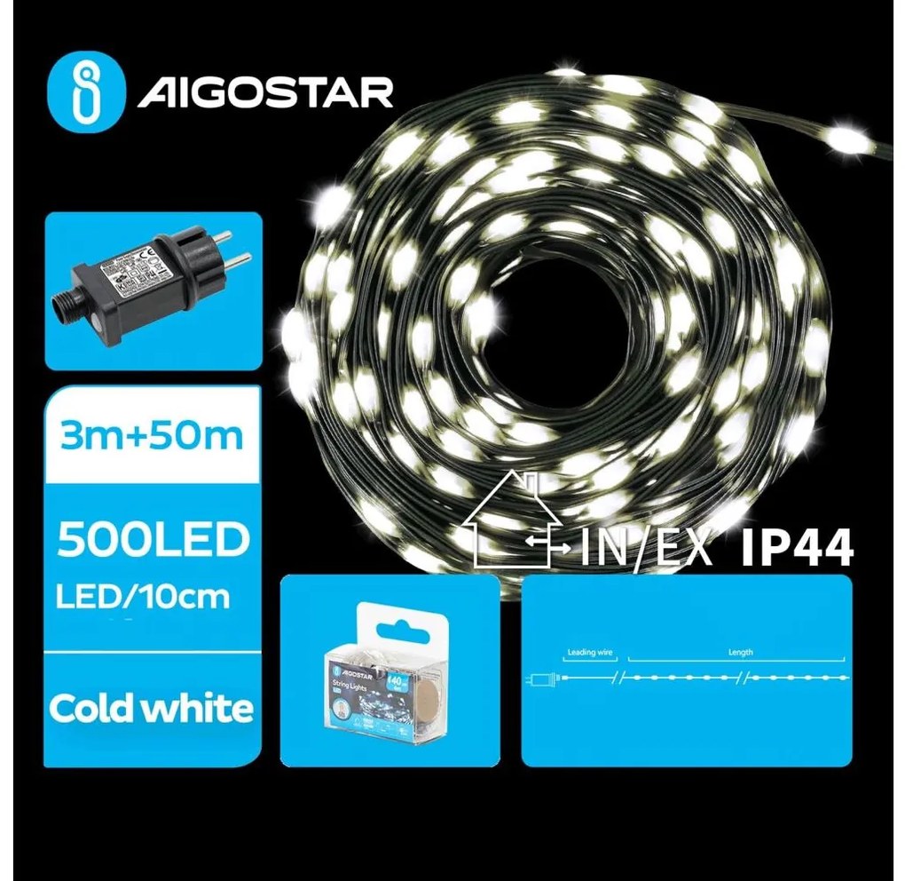 Aigostar - Catena LED natalizia da esterno 500xLED/8 funzioni 53m IP44 bianco freddo