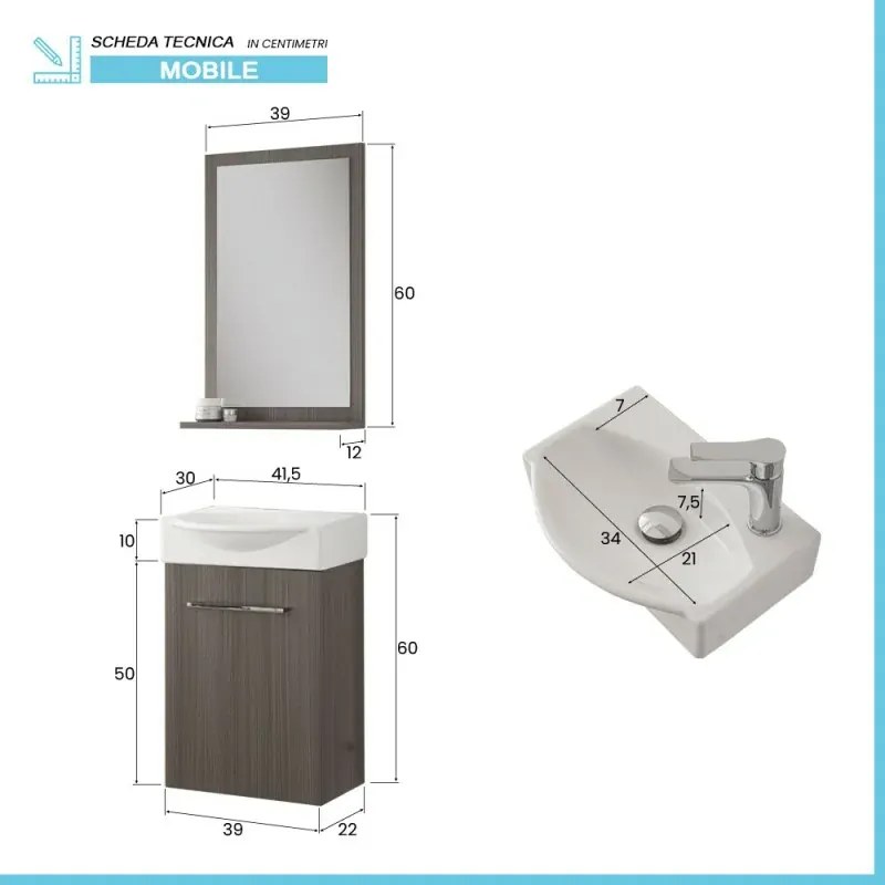 Mobiletto bagno sospeso 39 cm mini salvaspazio rovere scuro 1 anta Elys