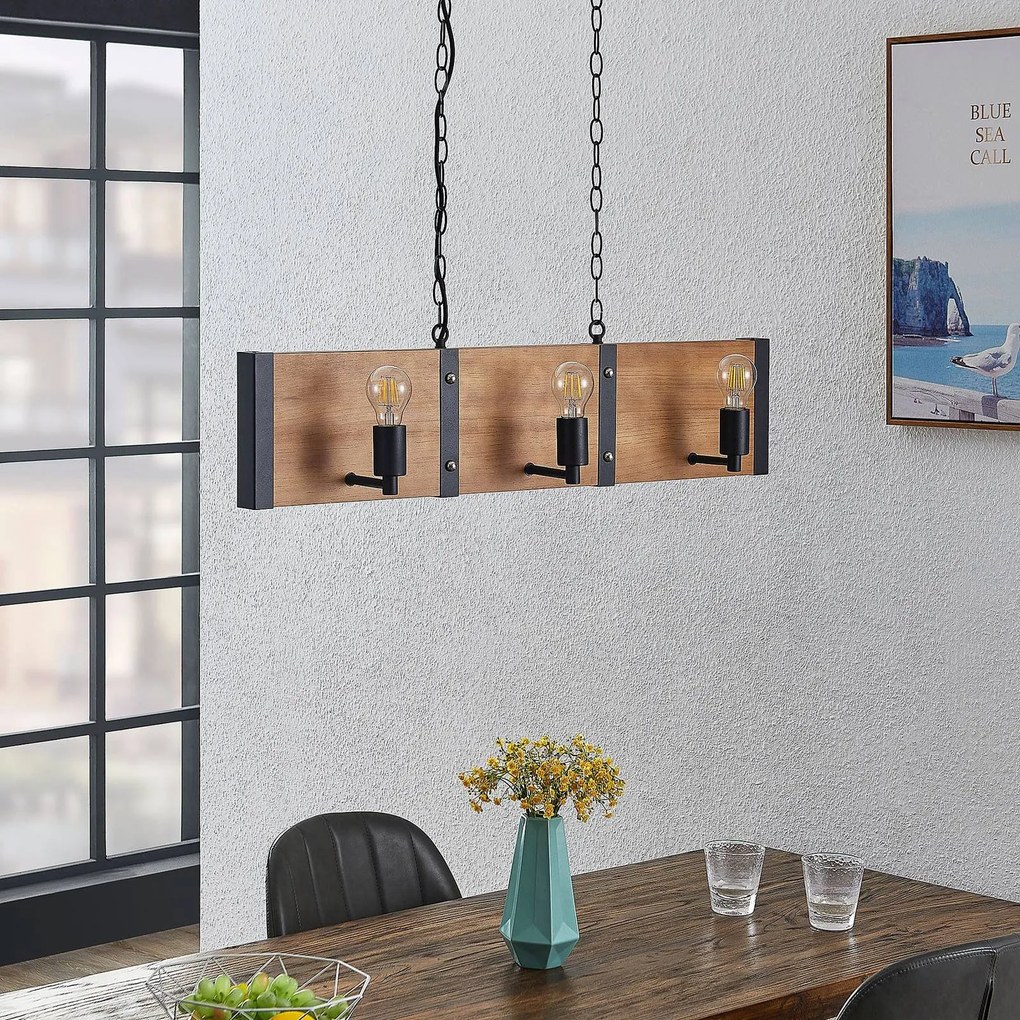 Lampada a sospensione Kamilja Lindby, dimmerabile, Legno chiaro, Soggiorno / Sala da pranzo, Legno, Campagna / Rustiche, Lampada a sospensione