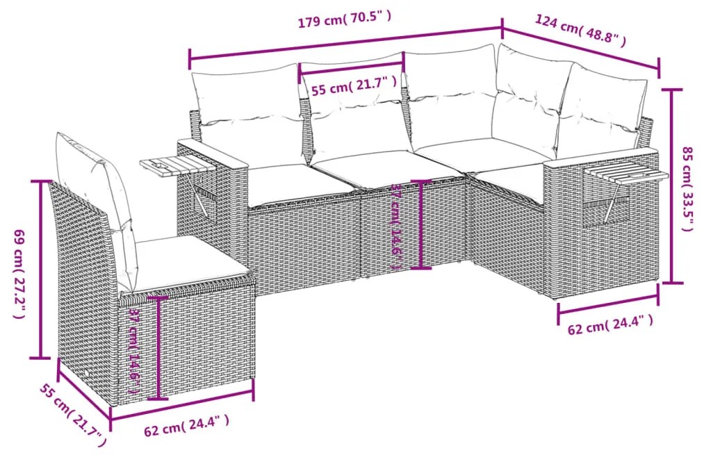 Set Divano da Giardino 5 pz con Cuscini Grigio in Polyrattan