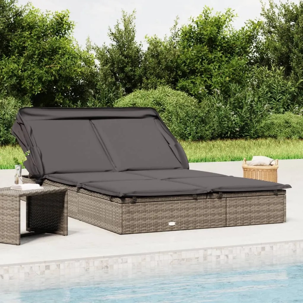 Lettino Doppio Tetto Pieghevole Grigio 213x118x97 Cm Polyrattan /