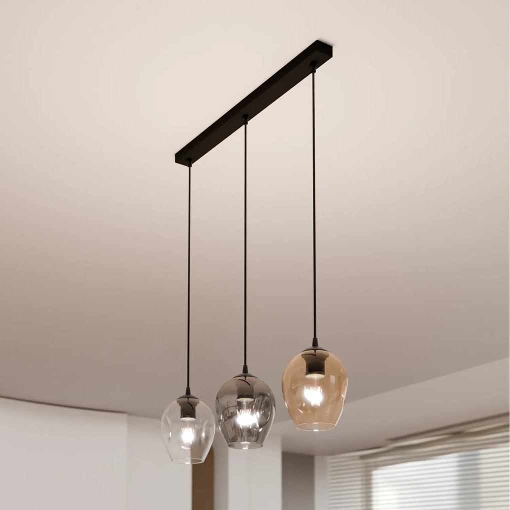 Lampadario 3 Luci Fuxi In Acciaio Nero E Vetri Ambra, Trasparente E Fumè