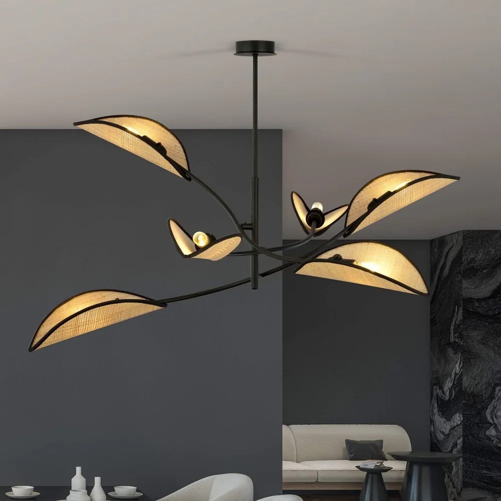 Lampadario a Sospensione in Acciaio e Tessuto LOTUS 6 Nero 6xE14 Colore del corpo Nero e Rattan