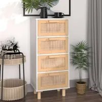 Credenza Bianca 40x30x90cm Legno Massello Pino Rattan Naturale 345642