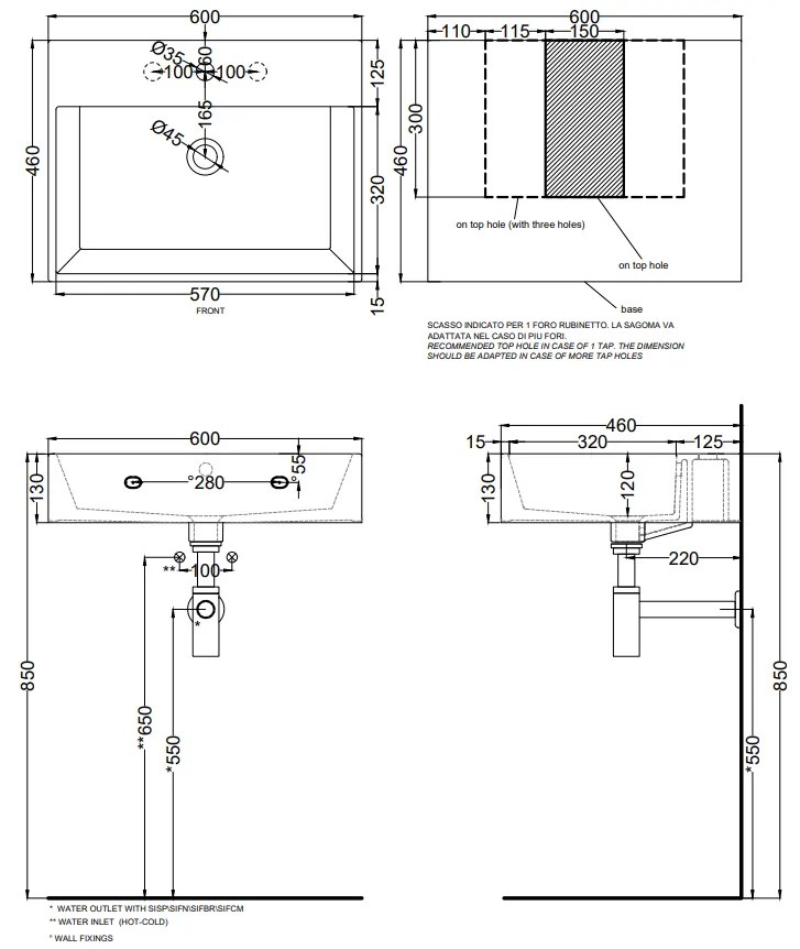 Cielo Smile Lavabo monoforo 60x46 sospeso o da appoggio con troppopieno in ceramica bianco lucido