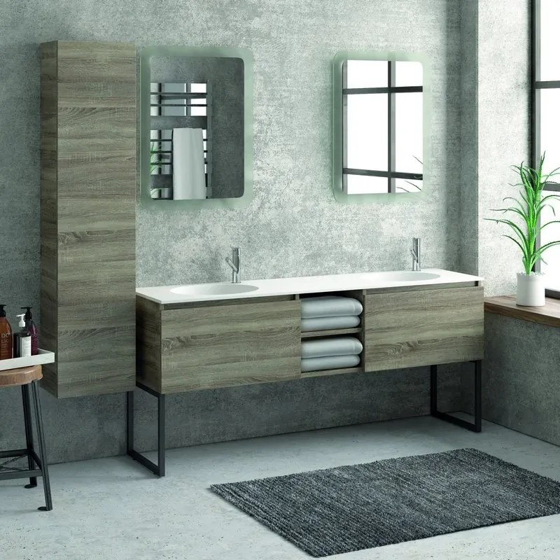 Composizione bagno 175cm, composta da mobile con lavabo doppio, due specchi led e colonna SP-175C - KAMALU