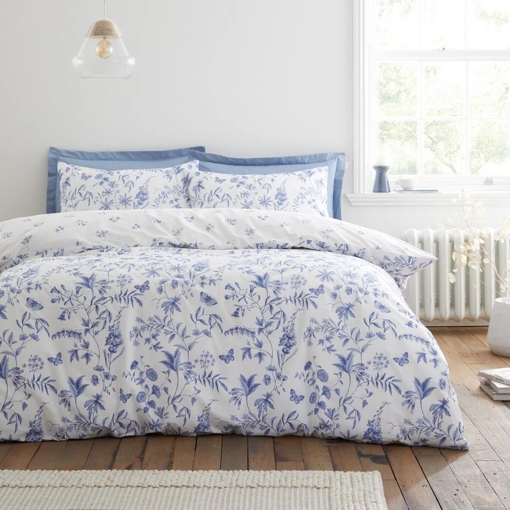 Set copripiumino e federa blu in percalle di cotone per letto matrimoniale 3 pezzi 200x200 cm Thea Floral – Bianca