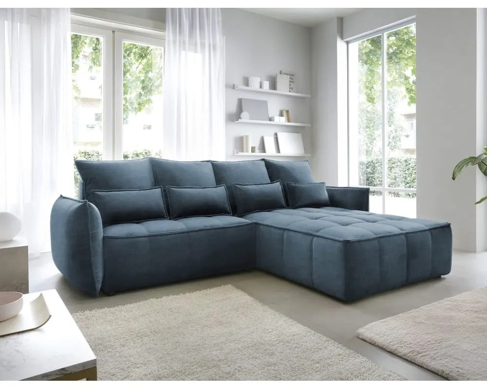 Divano angolare blu allungabile/con contenitore (con penisola a destra/con chaise lounge) e rivestimento in velluto Campo – ELTAP