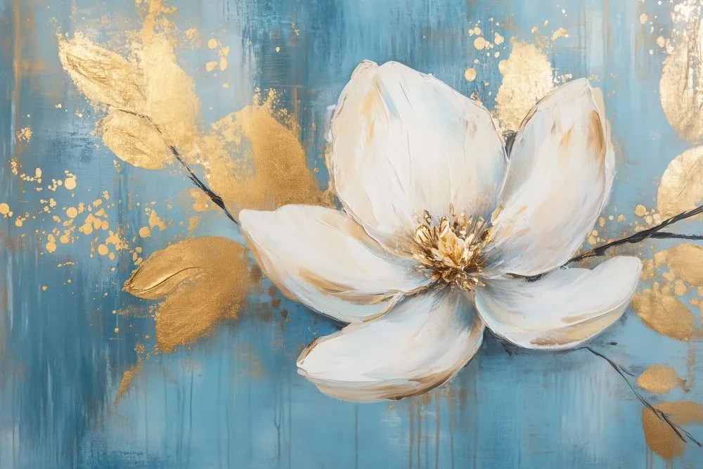 Quadro su tela – Fiore bianco con foglie dorate
