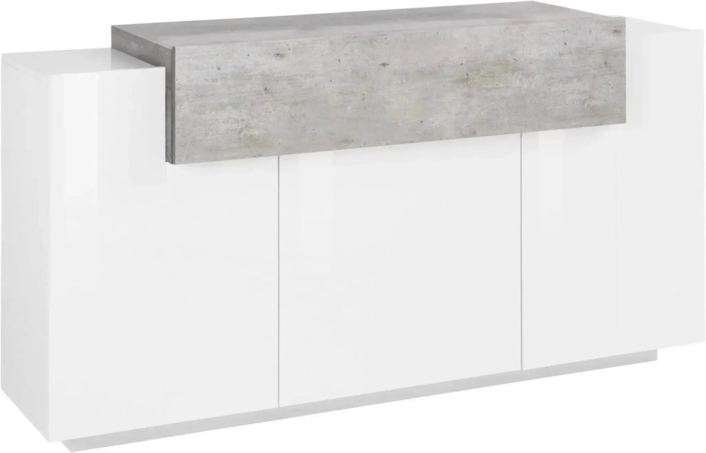 Credenza moderna CORO con 3 ante a battente e 1 anta a ribalta in bianco lucido e cemento