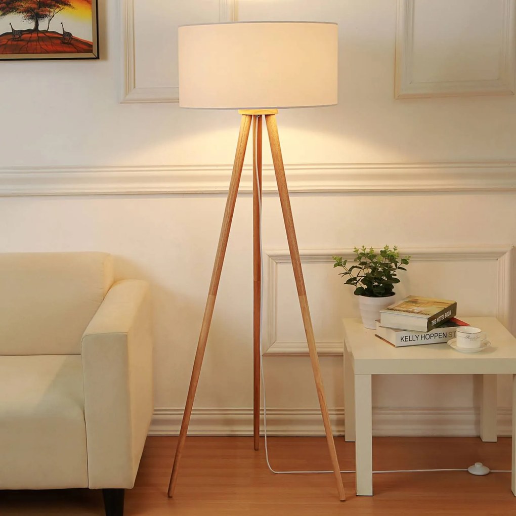 Lampada da terra Lindby Charlia, bianco, legno, altezza 150cm