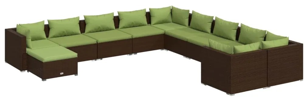 Set Divani da Giardino 11 pz con Cuscini in Polyrattan Marrone