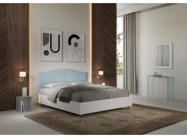 Letto contenitore da 160x190 in legno bianco e testata in microfibra azzurro Grace
