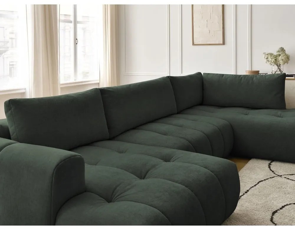 Divano angolare verde allungabile e con contenitore (penisola a destra/a U) con rivestimento in ciniglia Fuji – Bobochic Paris