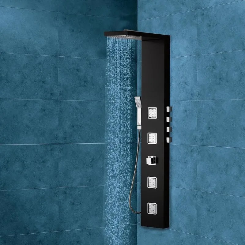 Colonna doccia idromassaggio Holoma con miscelatore termostatico nero lucido 4 getti