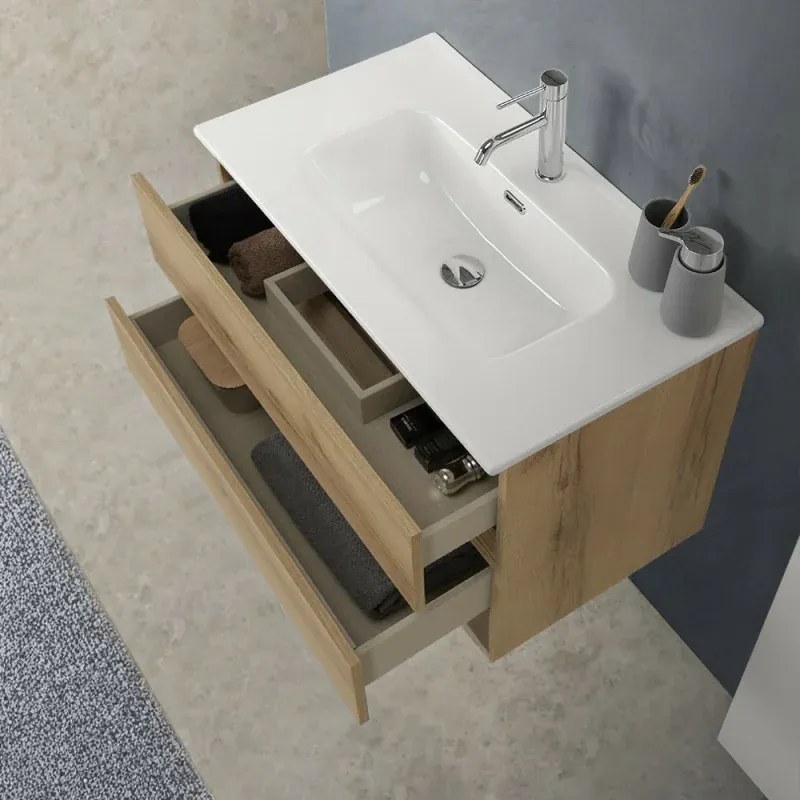 Mobile bagno sospeso 80 cm in legno quercia naturale 2 cassettoni con lavabo e specchio Leda