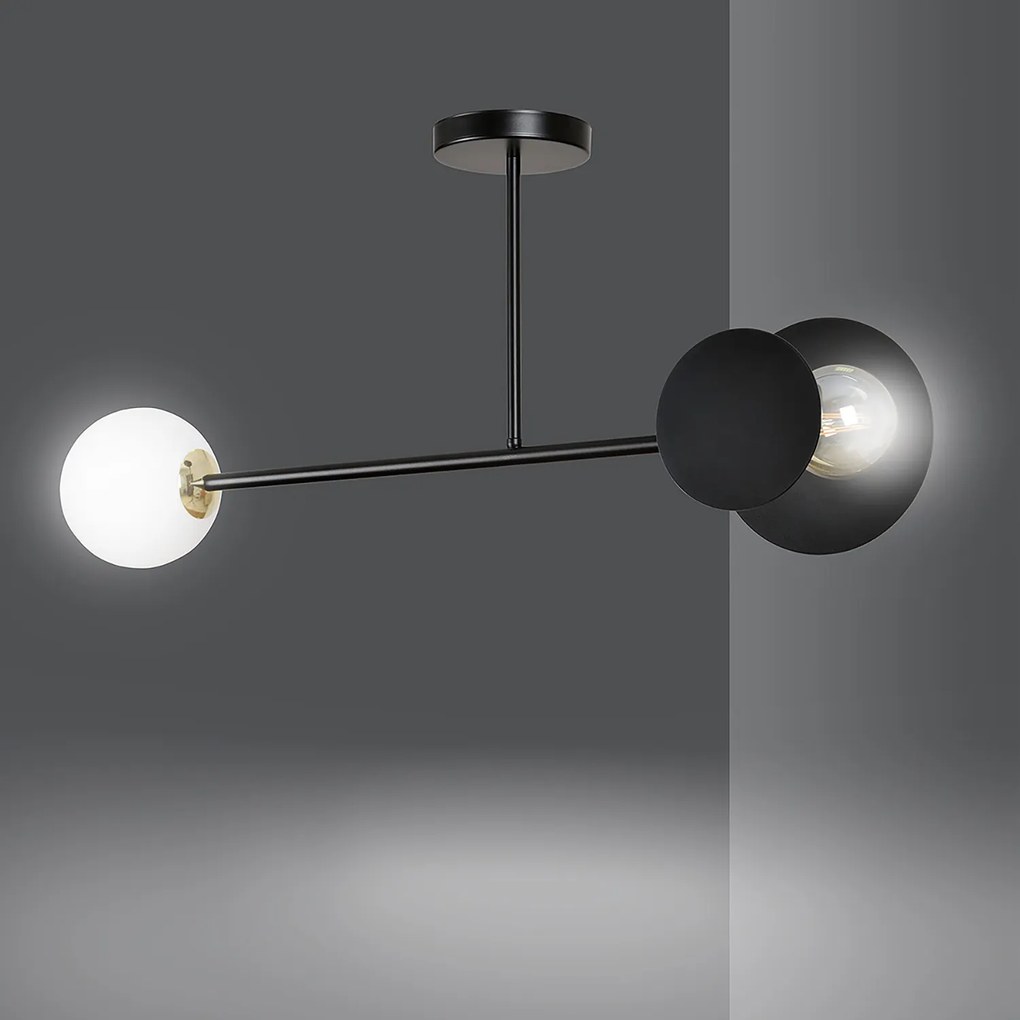 Plafoniera 2 Luci Inari In Acciaio Nero E Sfera In Vetro Opalino