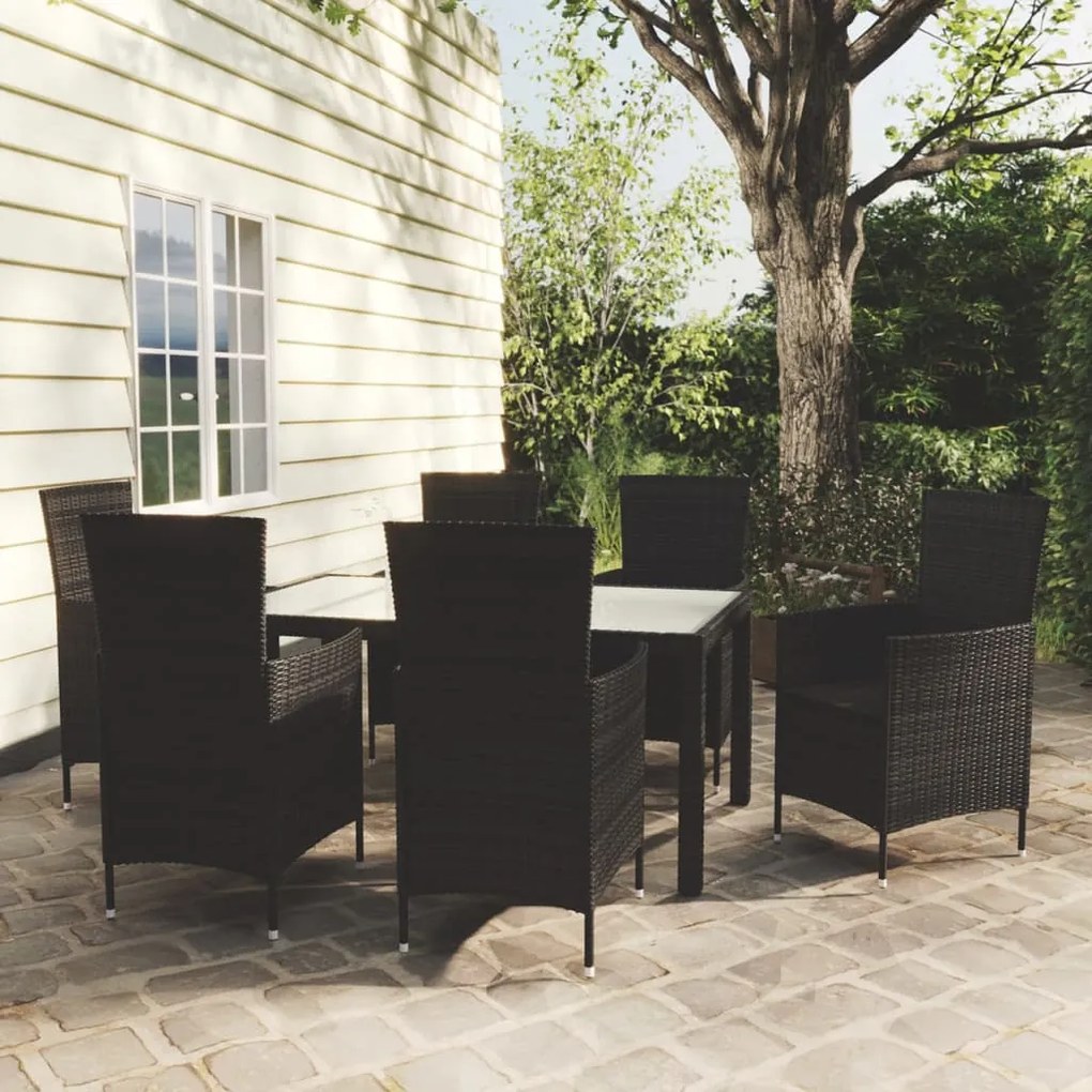 Set Da Pranzo Da Giardino 7 Pz Con Cuscini İn Polyrattan Nero /