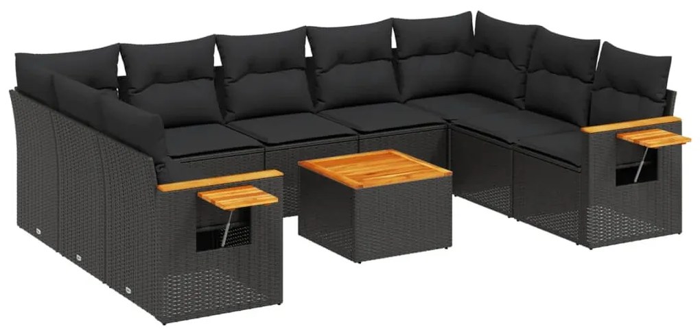 Set Divani da Giardino 10pz con Cuscini in Polyrattan Nero