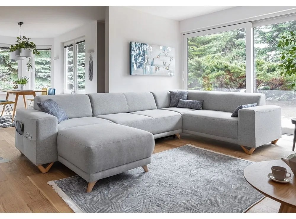 Divano angolare grigio chiaro allungabile e con contenitore (penisola a destra/a U) Classy Sophie – Miuform