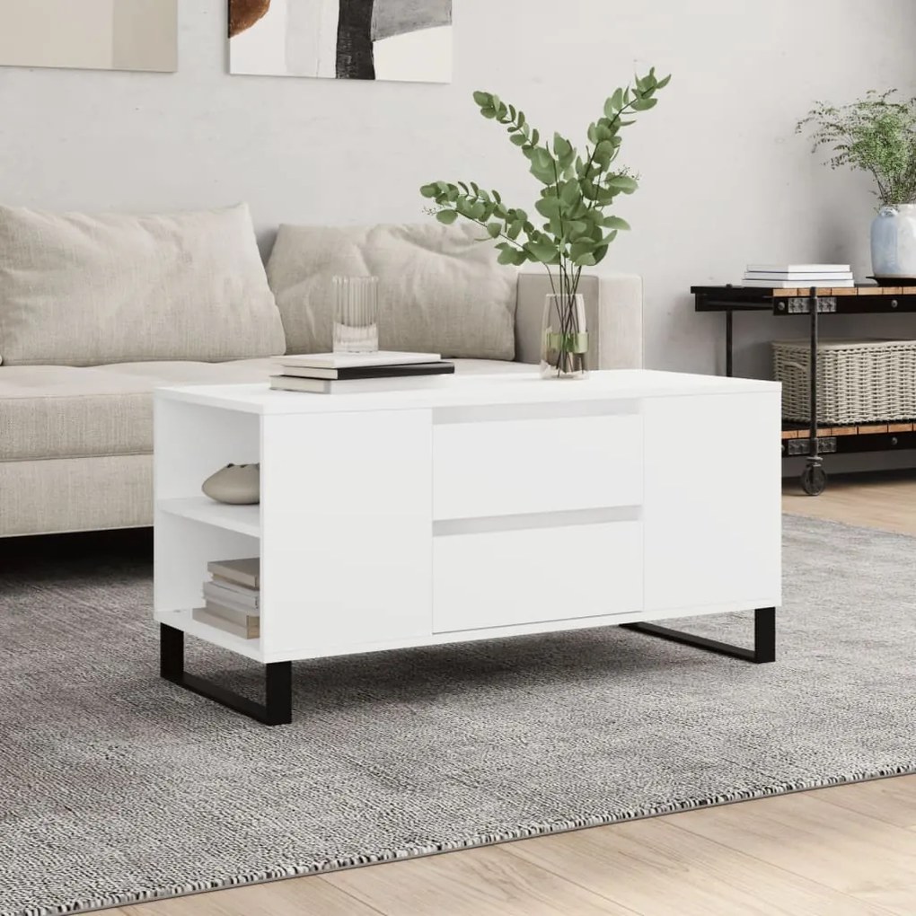 Tavolino Da Salotto Bianco 102x44,5x50 Cm İn Legno Multistrato /