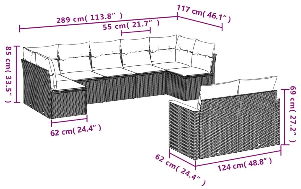 Set divano da giardino 9 pz con cuscini beige in polyrattan