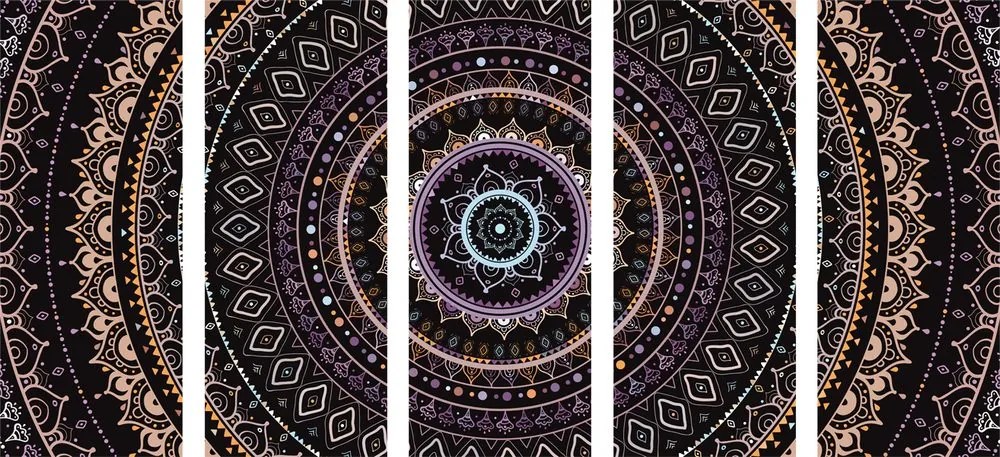 Quadri 5 pezzi – Mandala con motivo del sole in tonalità viola