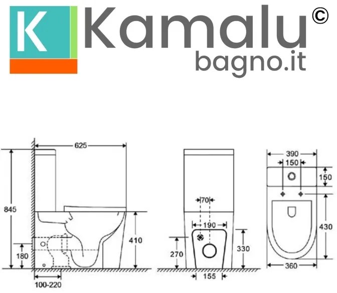 Kamalu - Wc monoblocco rimless e coprowc soft close | KLEA-T