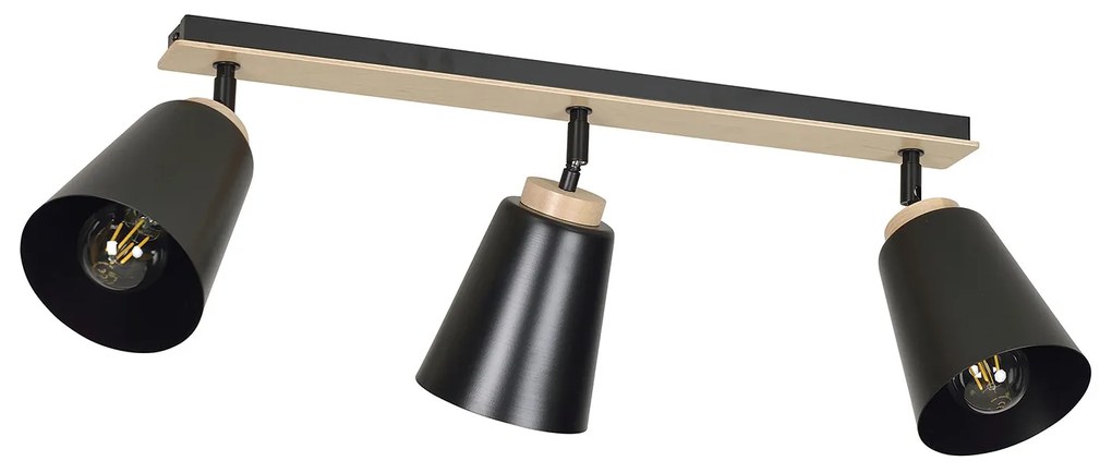 Plafoniera Faretti Spot Orientabili 3 Luci Xiwangmu Acciaio Nero E Legno Naturale