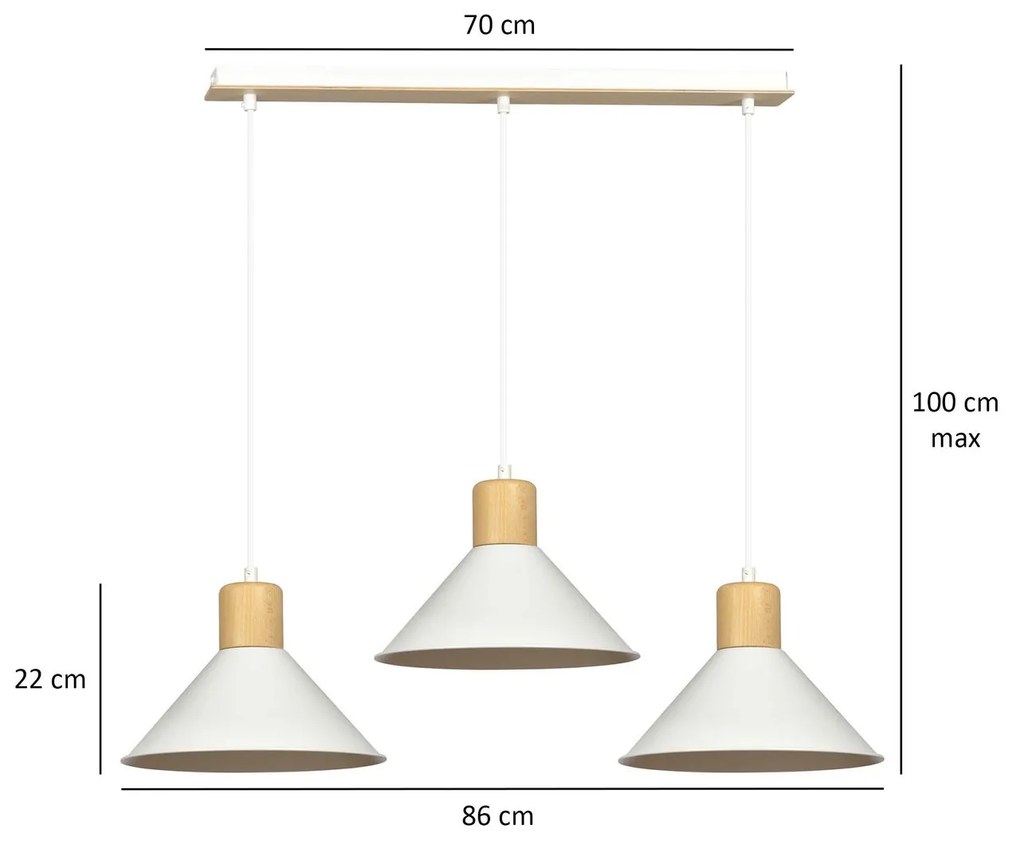 Sospensione Nordica 3 Luci Rowen In Acciaio Bianco E Legno