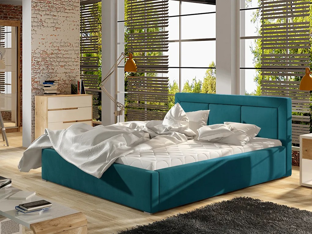 Letto matrimoniale con box contenitore Bordeaux - 160 x 200 cm , Tessuto azzurro turchese