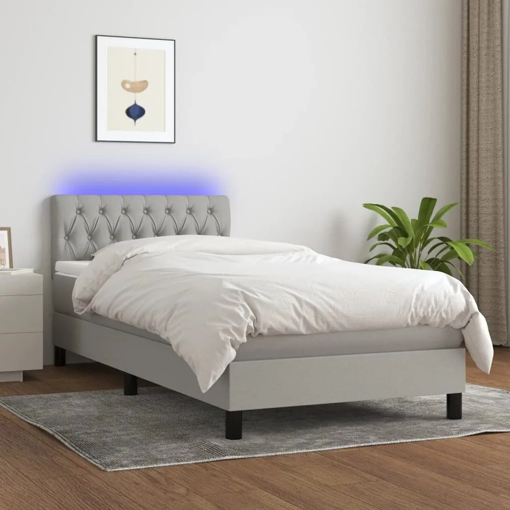 Letto a molle materasso e led grigio chiaro 90x190 cm tessuto