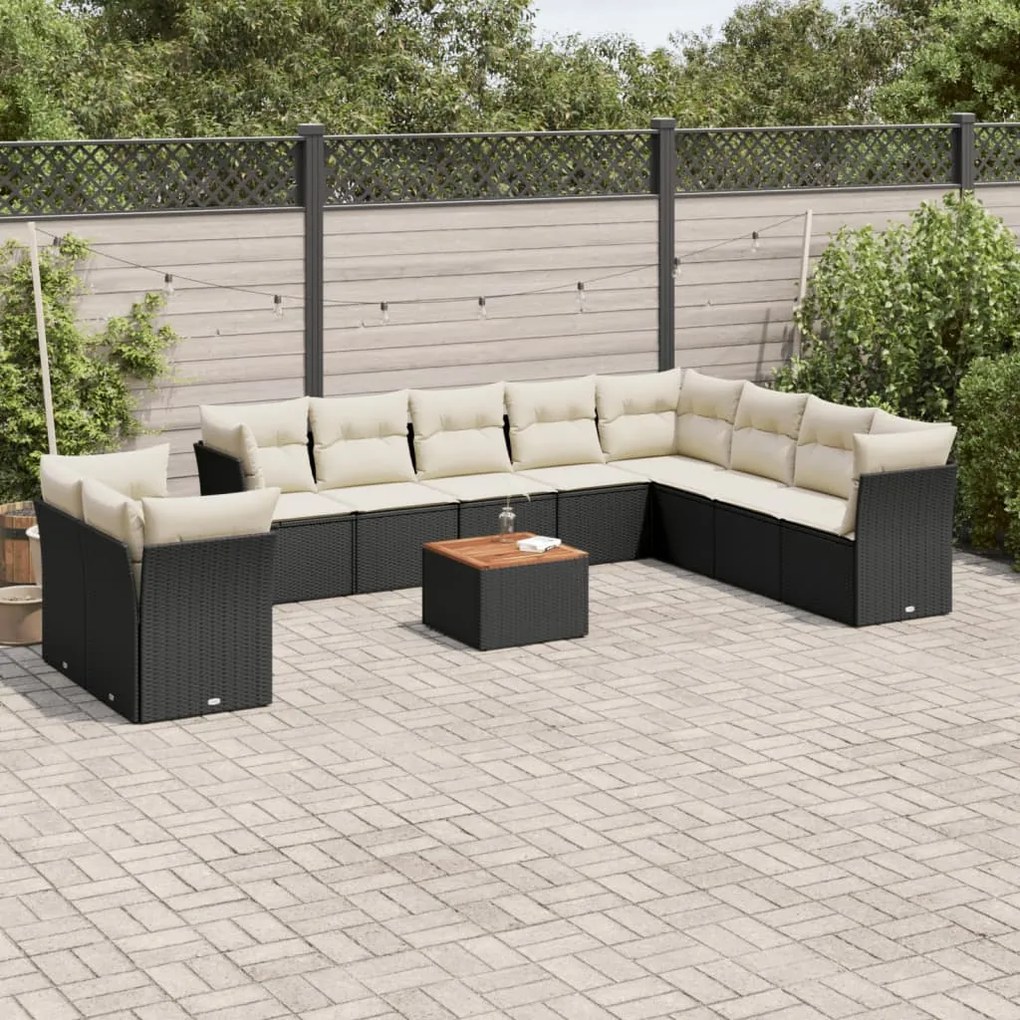 Set divani da giardino 11 pz con cuscini in polyrattan nero