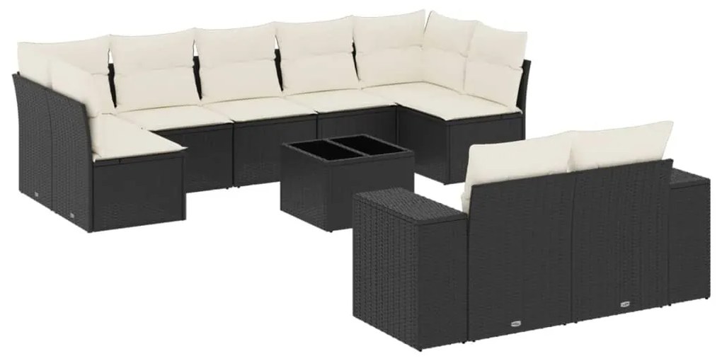 Set divani da giardino 10pz con cuscini in polyrattan nero