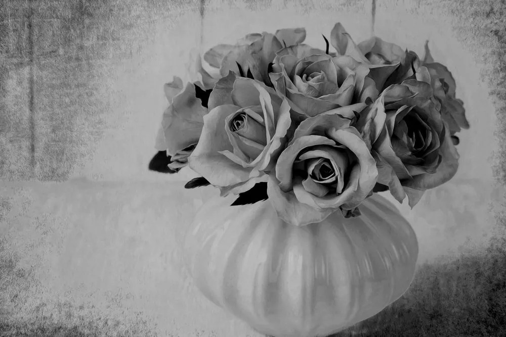 Stampa su tela – Rose nel vaso in bianco e nero