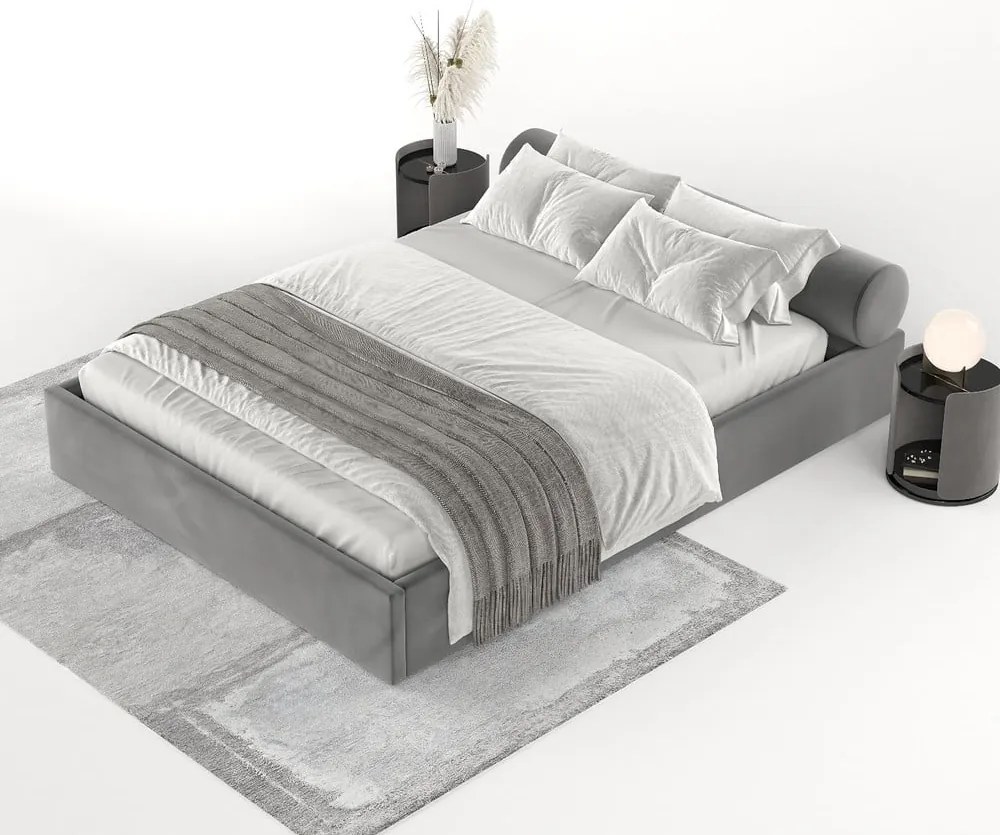 Letto matrimoniale imbottito grigio scuro con contenitore e rete inclusi 200x200 cm Solvo – Maison de Rêve