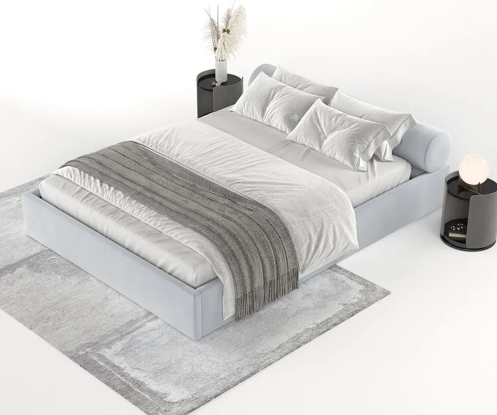 Letto matrimoniale imbottito grigio chiaro con contenitore e rete inclusi 160x200 cm Solvo – Maison de Rêve