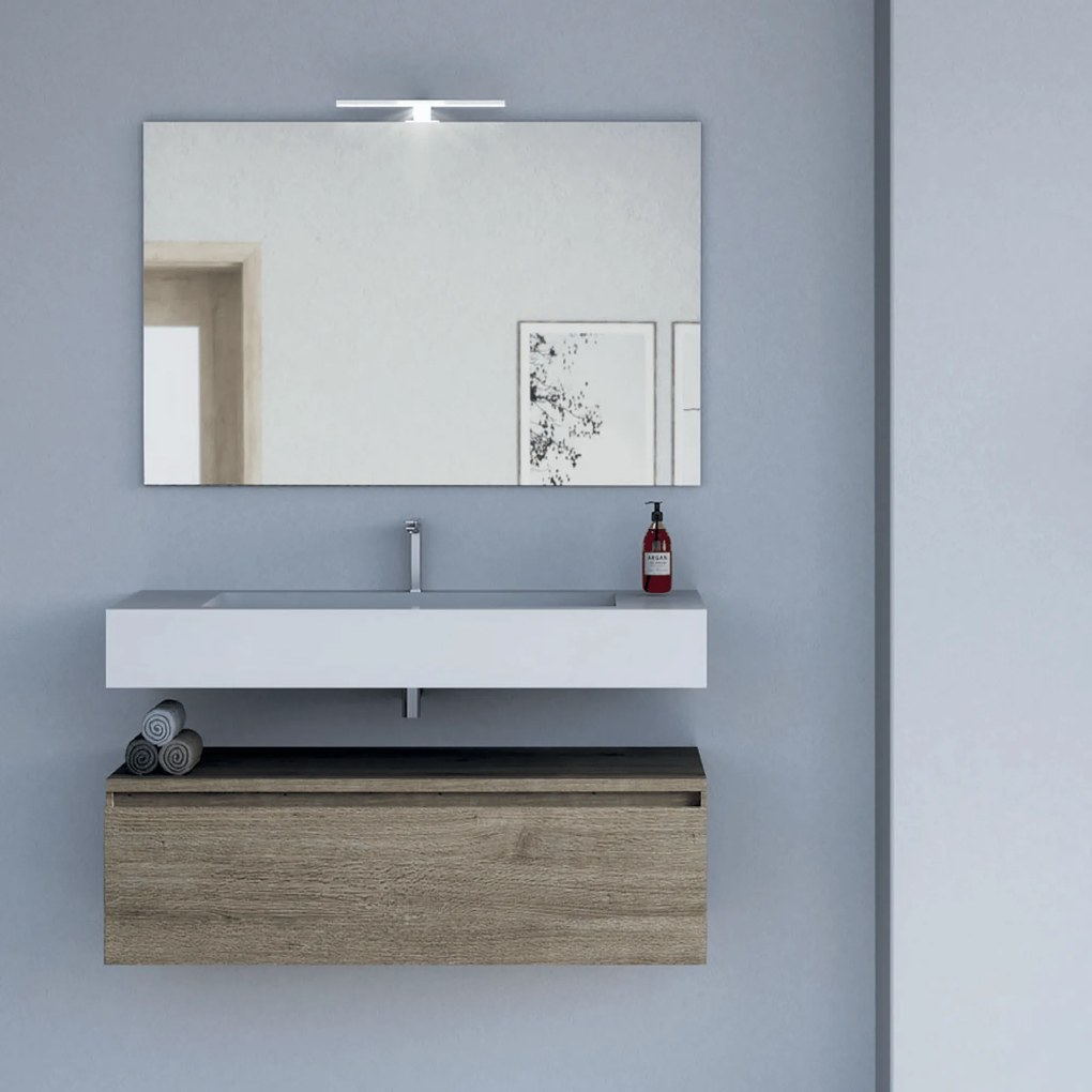 Mobile Bagno Sospeso 100 Cm Un Cassetto Specchio Con Lampada Led 100x70 Cm Esseci Arredo Bagno "Alba"
