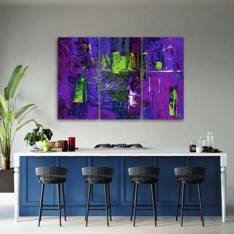 Quadro su tela 3  pannelli, Astrazione dipinta a mano viola  Dimensioni 60x40